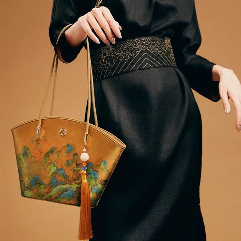 Chinese Painting Mulberry Silk Tote Bag Green Women Handbag - Image 4
