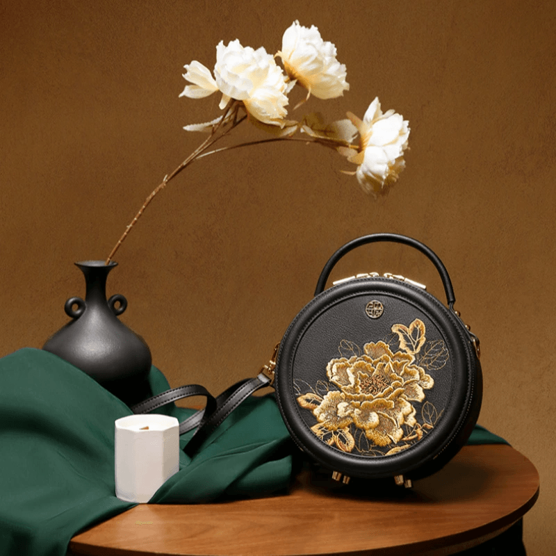 Embroidery Leather Round Handbag High Luxury Royal Gold Peony - Image 18