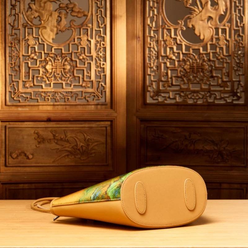 Chinese Painting Mulberry Silk Tote Bag Green Women Handbag - Image 10