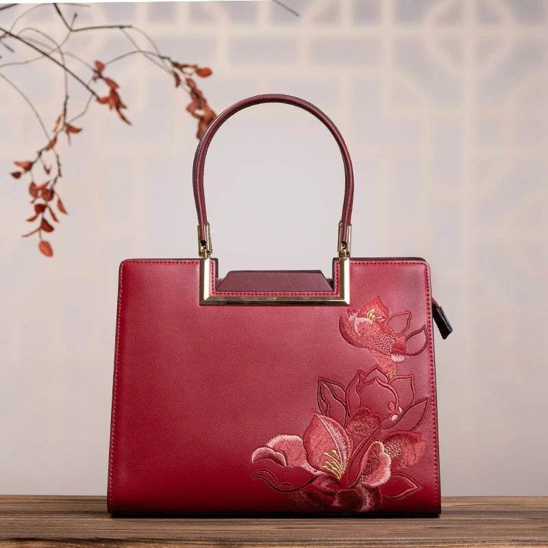 Sinocultural Embroidery Leather Red Tote Bag Magnolia Women's Handbag - Image 7