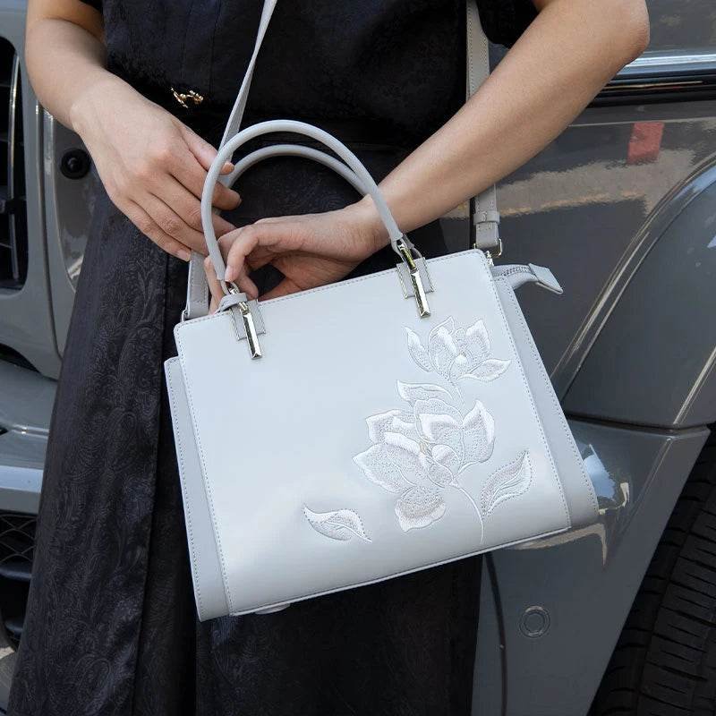 Embroidery Leather Magnolia Crossbody Tote Bag Women Handbag - Image 10