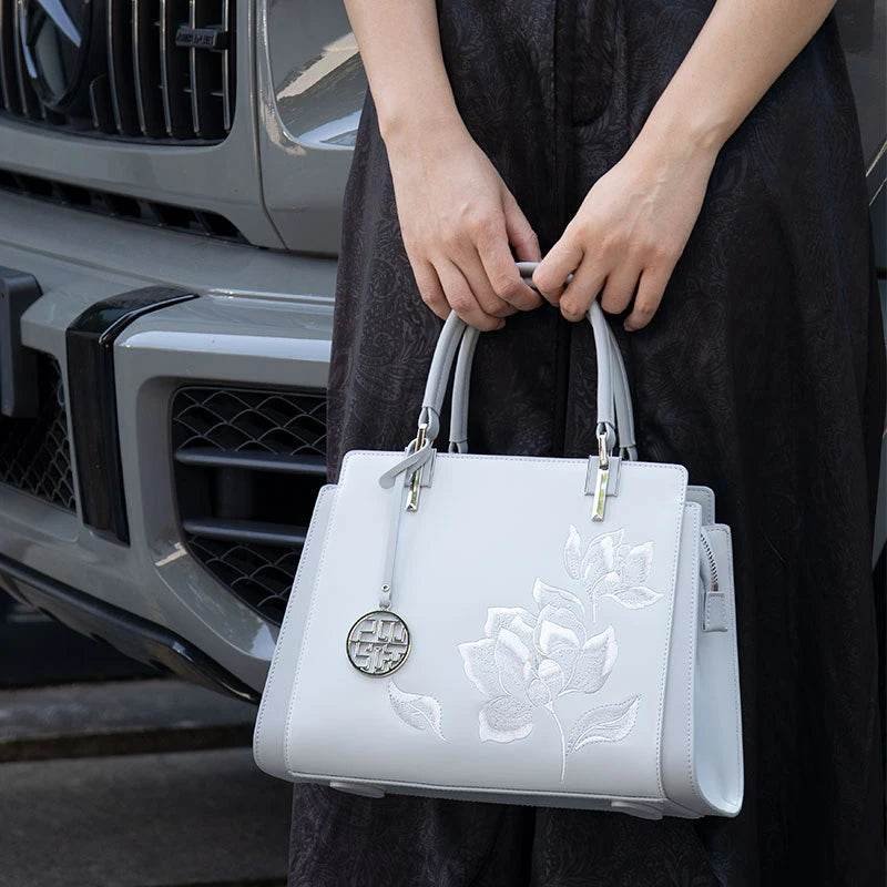 Embroidery Leather Magnolia Crossbody Tote Bag Women Handbag - Image 9