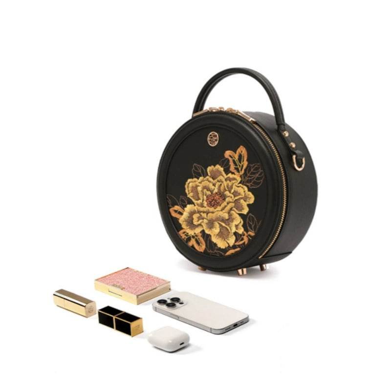 Embroidery Leather Round Handbag High Luxury Royal Gold Peony - Image 7