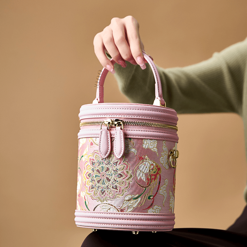 Song Brocade Powder Pink Bucket Bag Lotus & Lucky Rabbit Pattern - Image 3