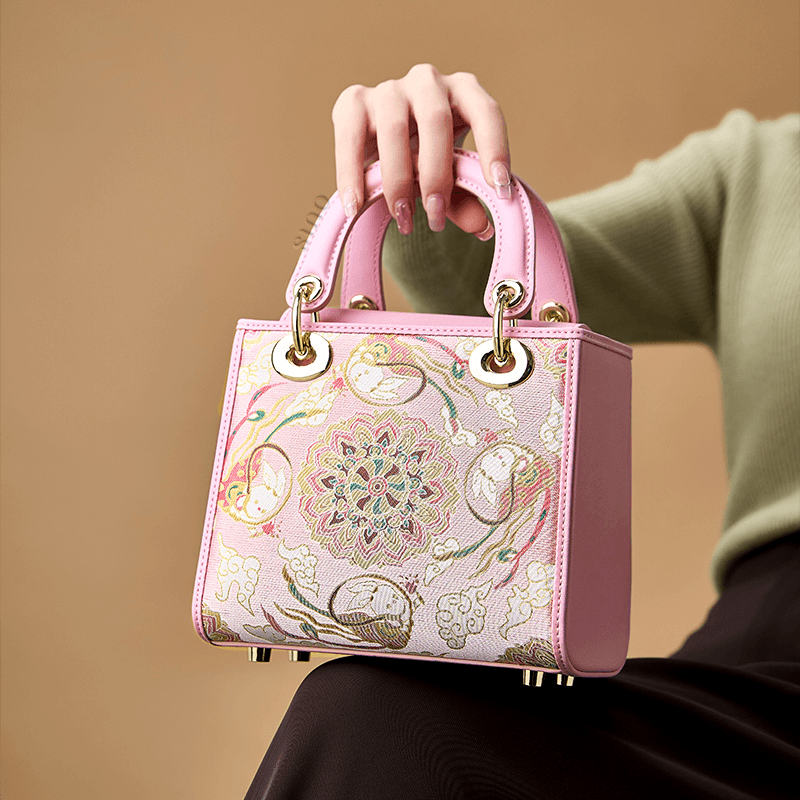 Song Brocade Powder Pink Crossbody Handbag Lotus & Lucky Rabbit Pattern - Image 3