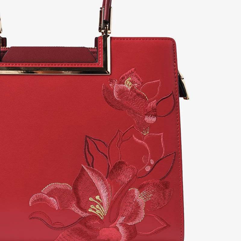 Sinocultural Embroidery Leather Red Tote Bag Magnolia Women's Handbag - Image 9