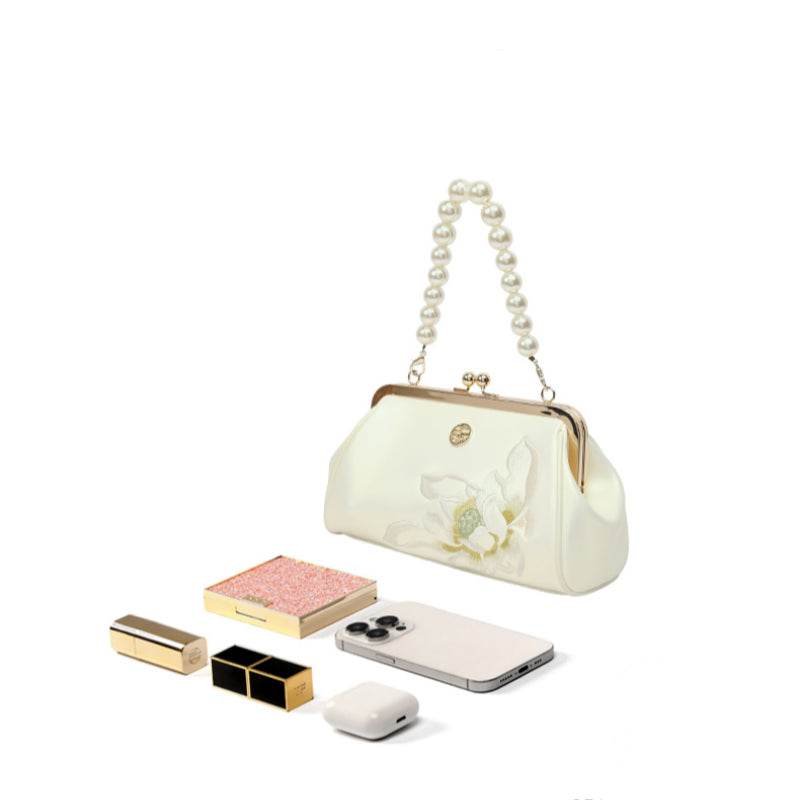 Embroidery Leather Kiss Lock Clutch Bag Lotus Evening Handbag - Image 20