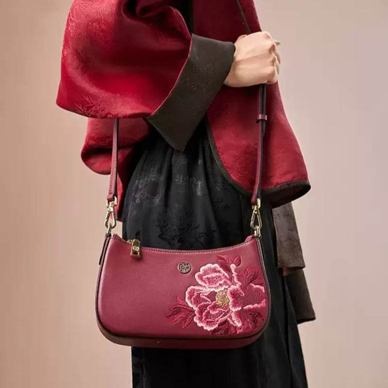 Embroidery Leather Red Shoulder Bag Peony Women's Hobo Handbag - Image 4
