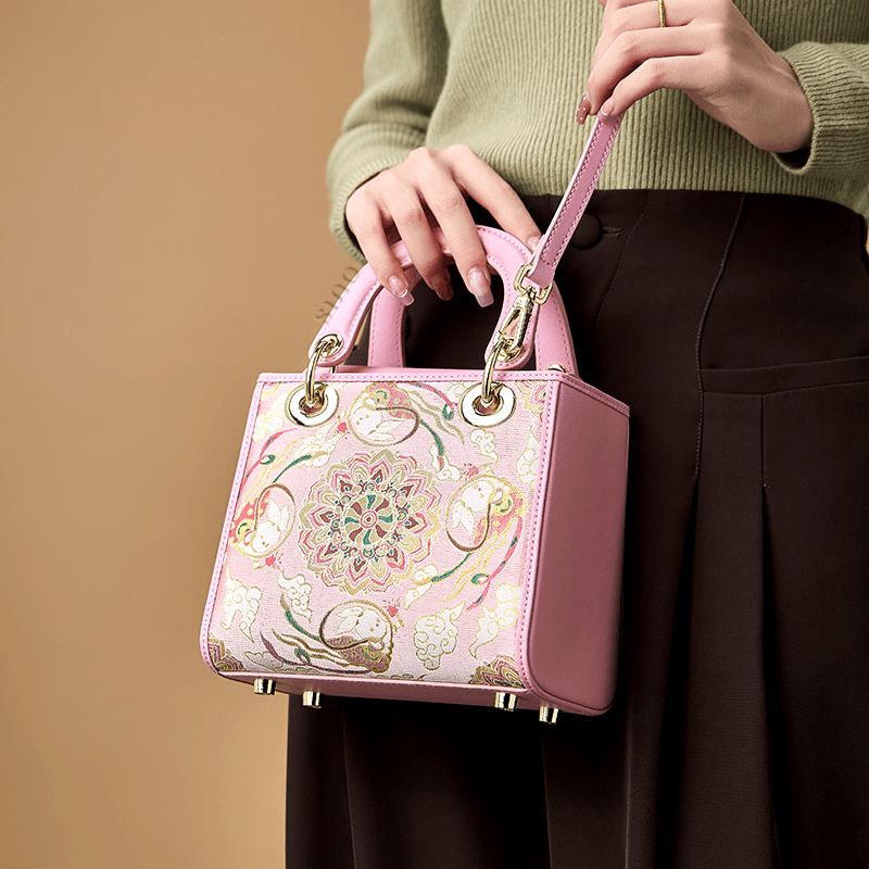 Song Brocade Powder Pink Crossbody Handbag Lotus & Lucky Rabbit Pattern - Image 2