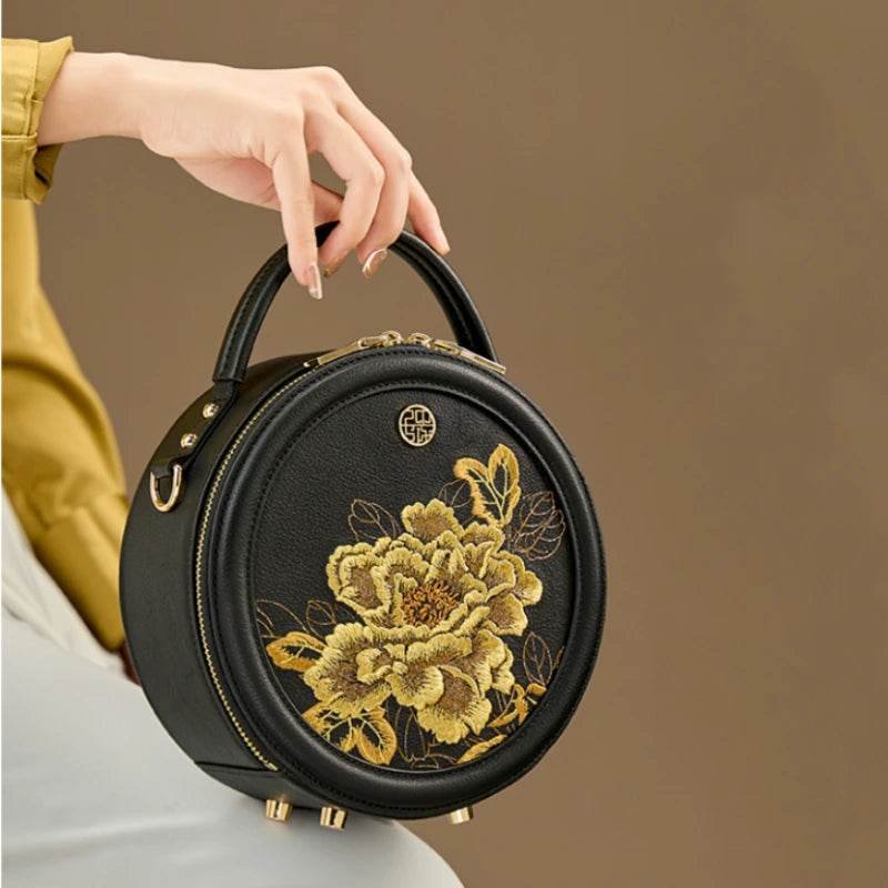 Embroidery Leather Round Handbag High Luxury Royal Gold Peony - Image 4