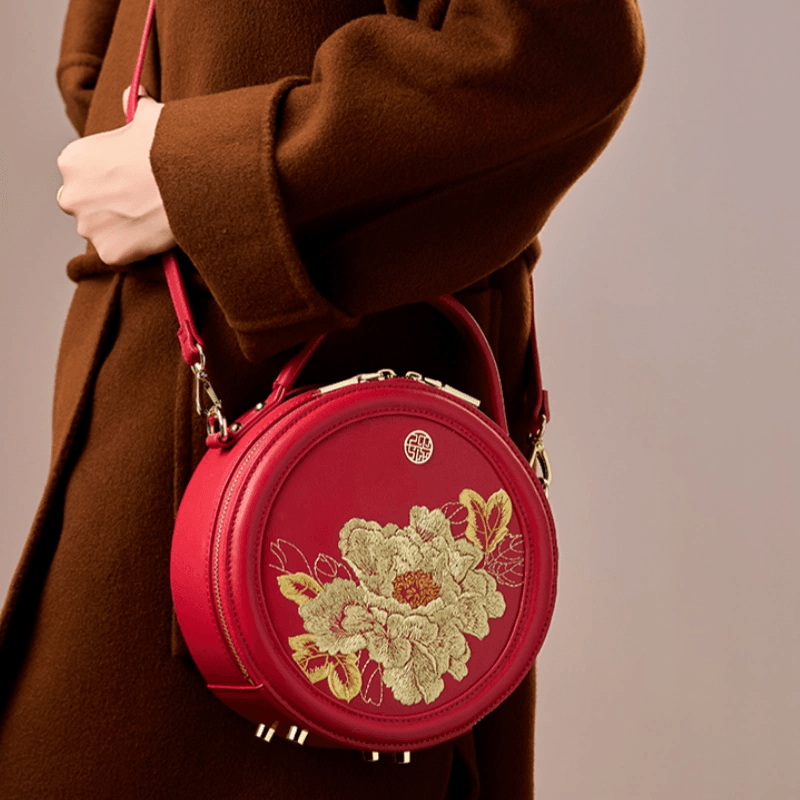 Embroidery Leather Round Handbag High Luxury Royal Gold Peony - Image 5