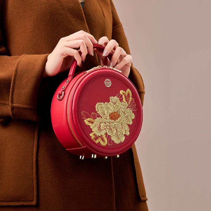 Embroidery Leather Round Handbag High Luxury Royal Gold Peony - Image 6