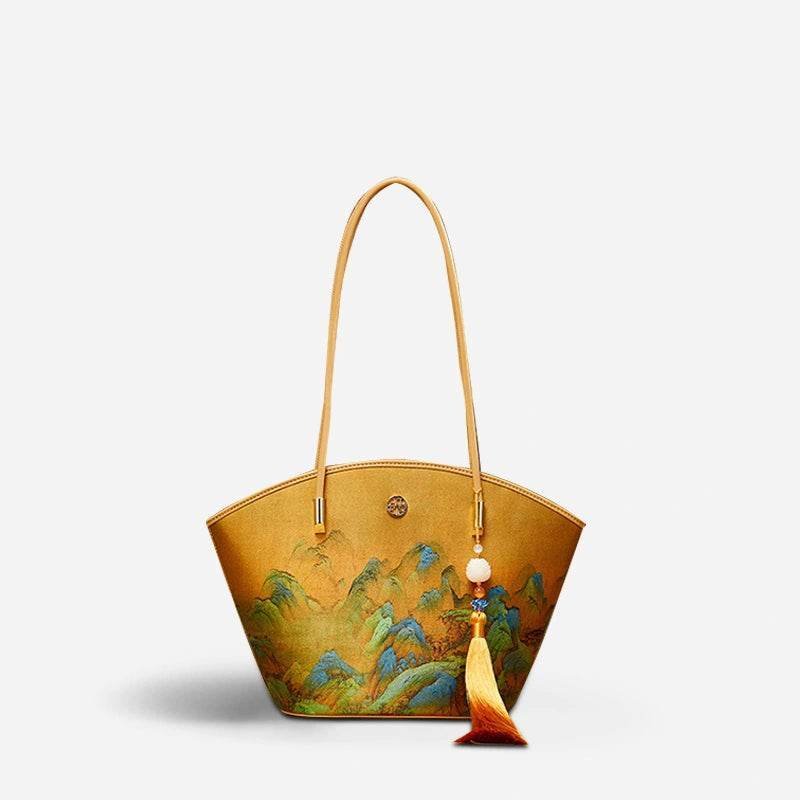 Chinese Painting Mulberry Silk Tote Bag Green Women Handbag - Image 11