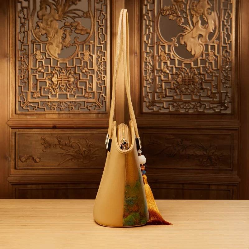 Chinese Painting Mulberry Silk Tote Bag Green Women Handbag - Image 8