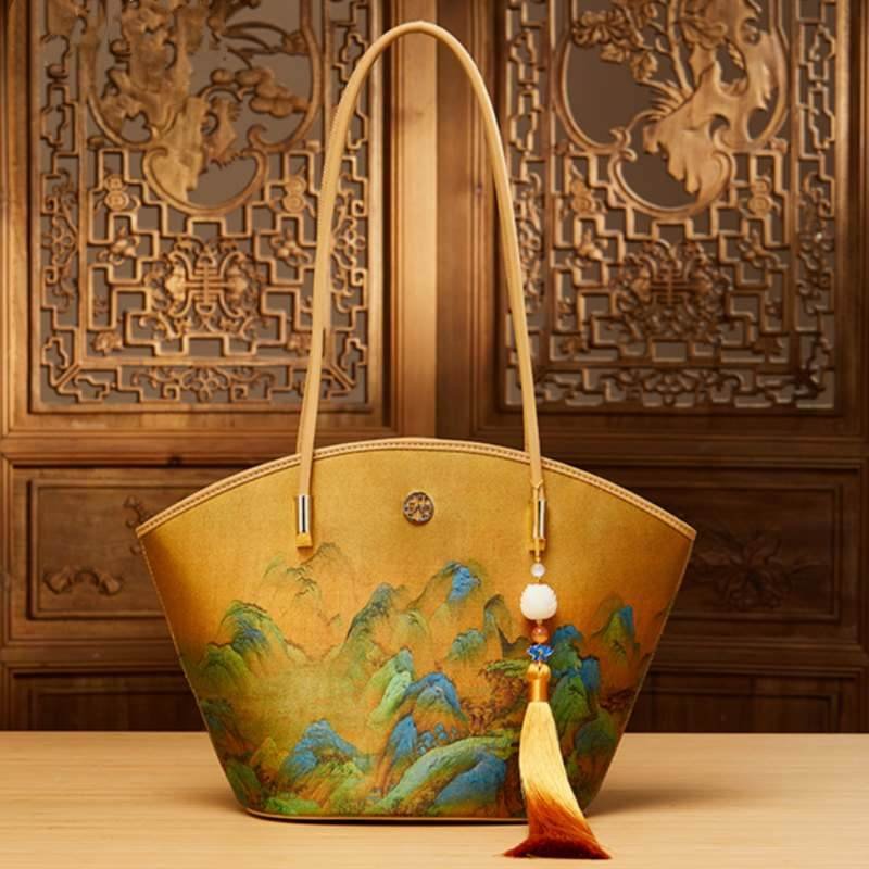 Chinese Painting Mulberry Silk Tote Bag Green Women Handbag - Image 6