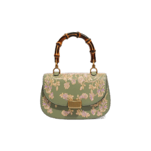 Handcrafted Embroidery Leather Green Handbag Camellia Bamboo Handle