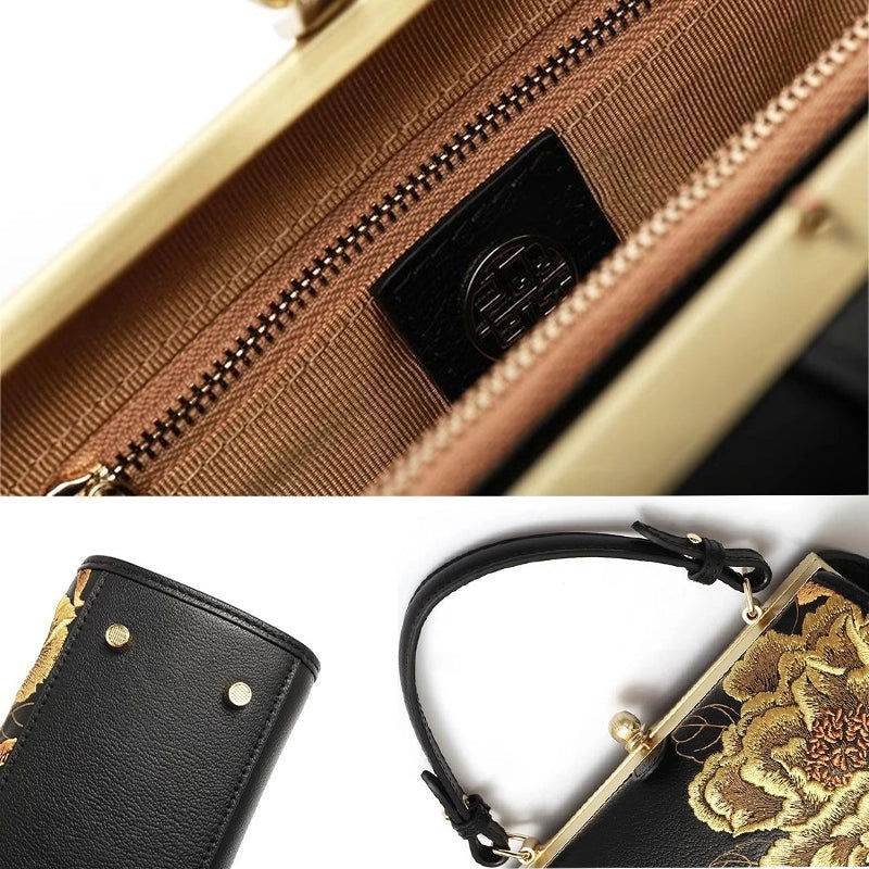 Embroidery Leather Kiss Lock Bag Royal Gold Peony Luxury Handbag - Image 11