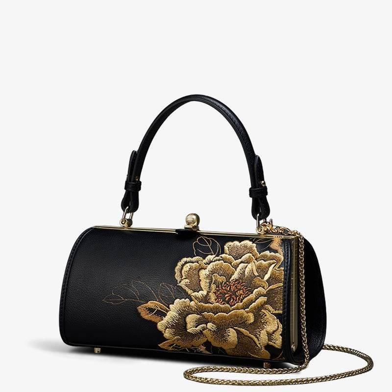 Embroidery Leather Kiss Lock Bag Royal Gold Peony Luxury Handbag - Image 12