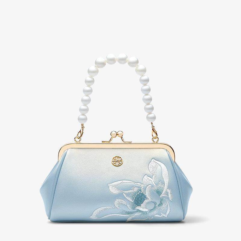 Embroidery Leather Kiss Lock Clutch Bag Lotus Evening Handbag - Image 14