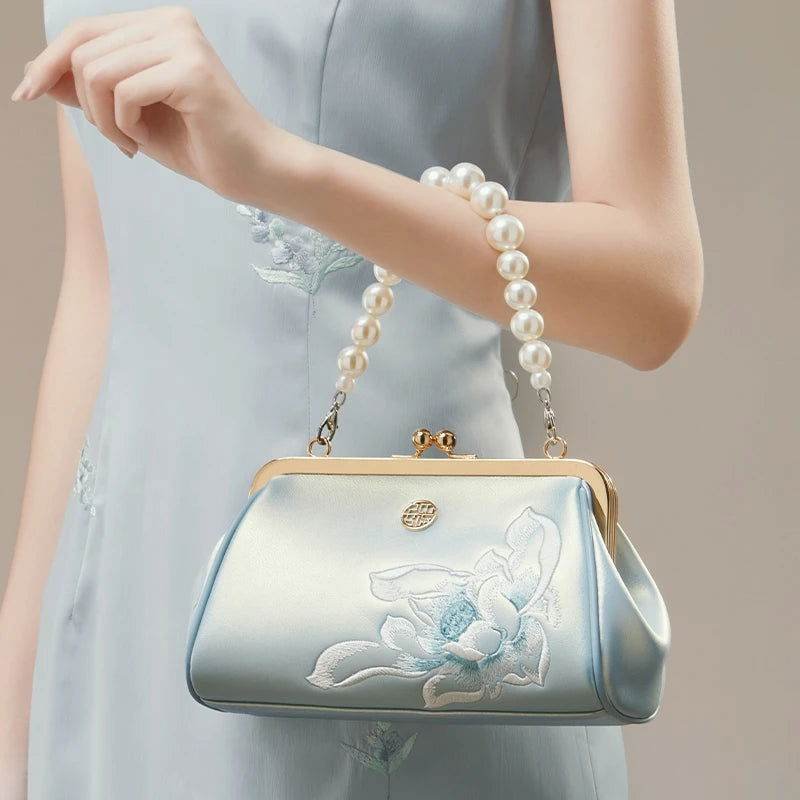 Embroidery Leather Kiss Lock Clutch Bag Lotus Evening Handbag - Image 7