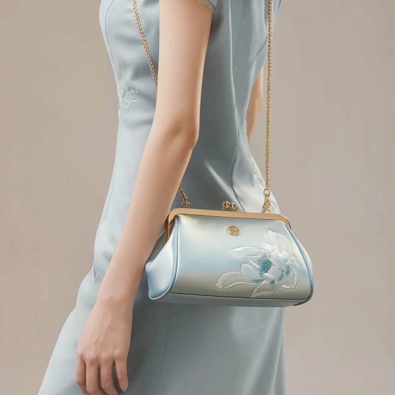 Embroidery Leather Kiss Lock Clutch Bag Lotus Evening Handbag - Image 9