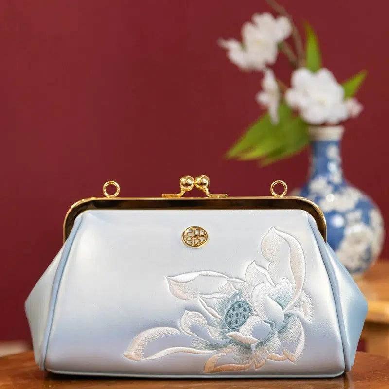 Embroidery Leather Kiss Lock Clutch Bag Lotus Evening Handbag - Image 11
