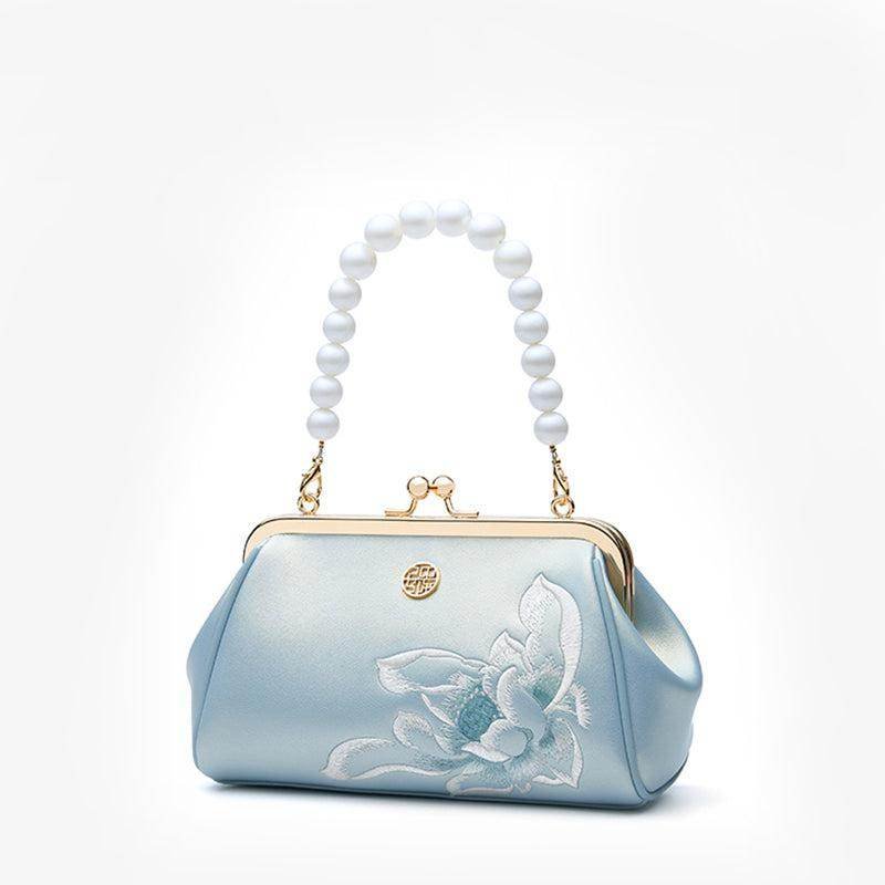 Embroidery Leather Kiss Lock Clutch Bag Lotus Evening Handbag - Image 15