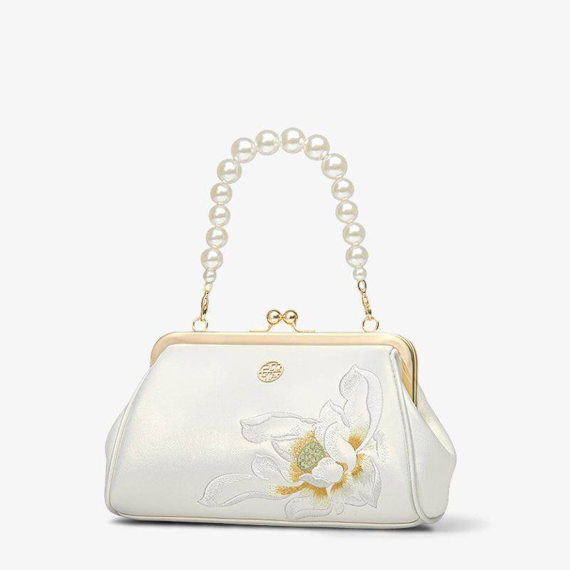 Embroidery Leather Kiss Lock Clutch Bag Lotus Evening Handbag - Image 13