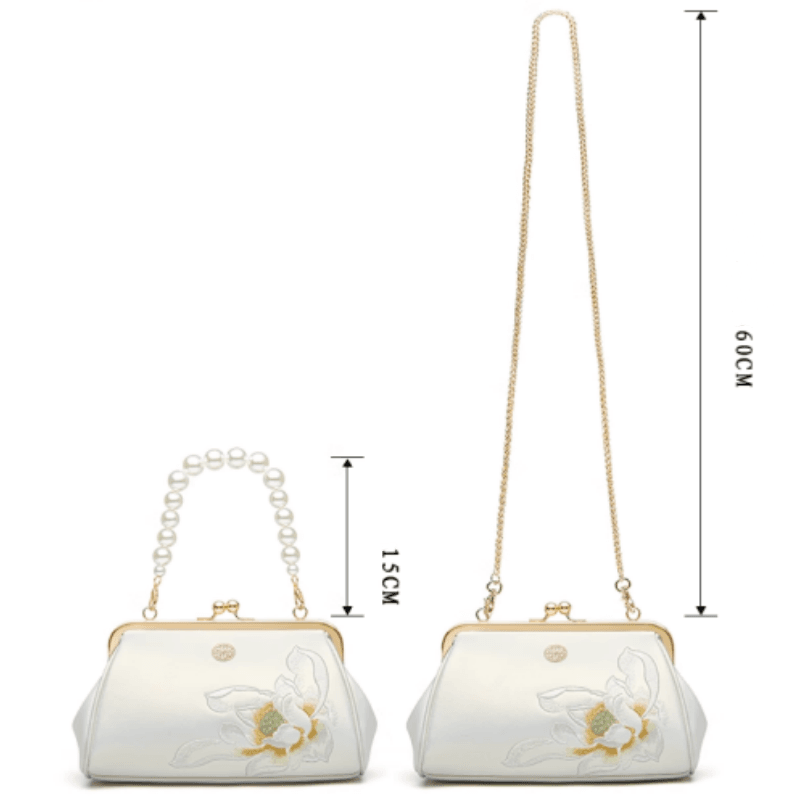 Embroidery Leather Kiss Lock Clutch Bag Lotus Evening Handbag - Image 17