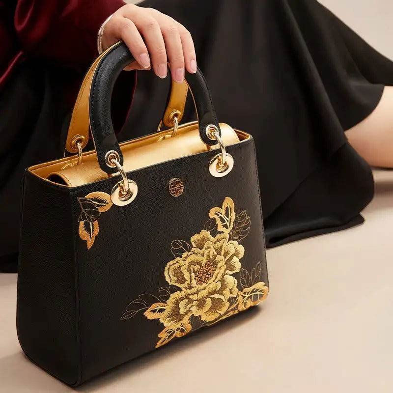 Embroidery Leather Black Lady Bag Gold Peony Luxury Handbag - Image 6