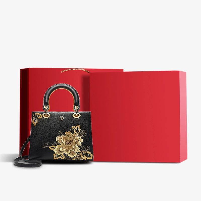 Embroidery Leather Black Lady Bag Gold Peony Luxury Handbag - Image 17