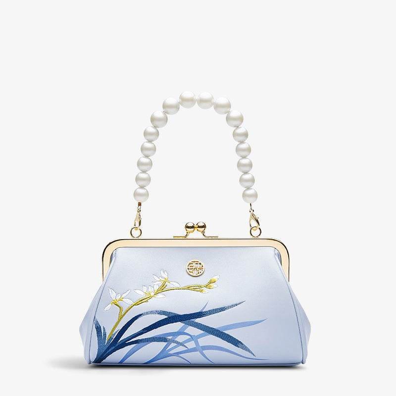 Embroidery Leather Blue Chain Kiss Lock Clutch Handbag Orchid - Image 9
