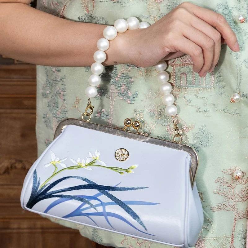 Embroidery Leather Blue Chain Kiss Lock Clutch Handbag Orchid - Image 6