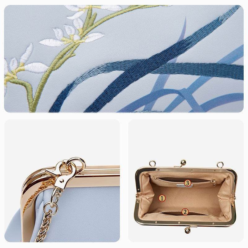 Embroidery Leather Blue Chain Kiss Lock Clutch Handbag Orchid - Image 7