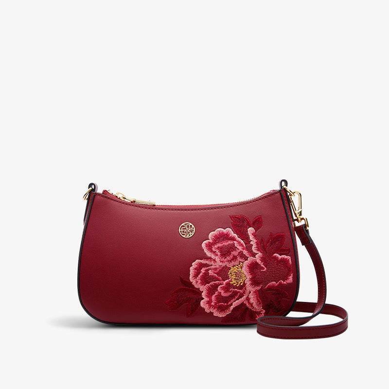 Embroidery Leather Red Shoulder Bag Peony Women's Hobo Handbag - Image 16