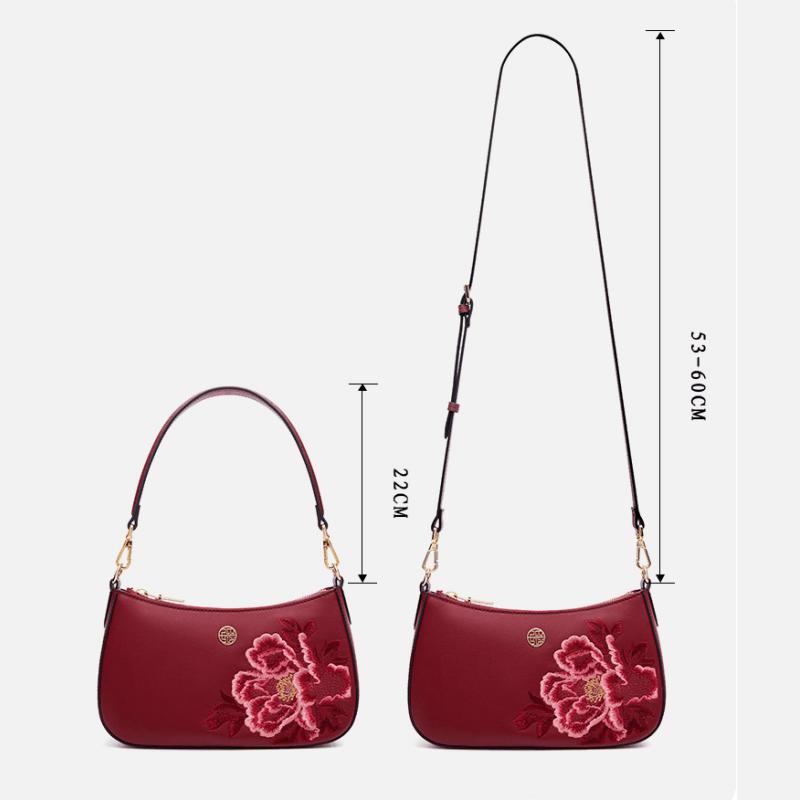 Embroidery Leather Red Shoulder Bag Peony Women's Hobo Handbag - Image 15