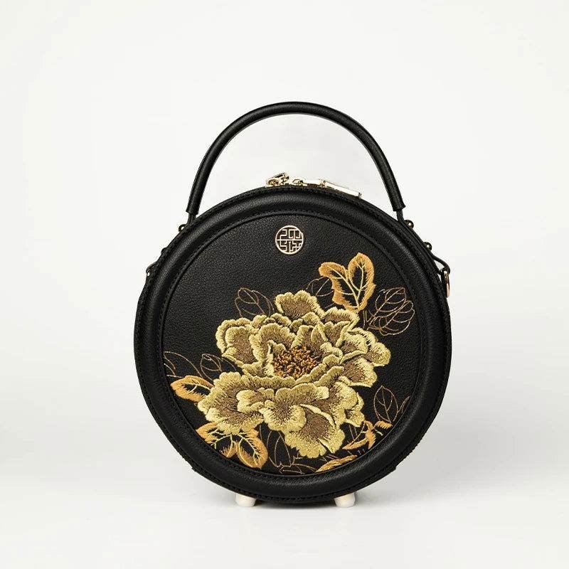 Embroidery Leather Round Handbag High Luxury Royal Gold Peony - Image 9