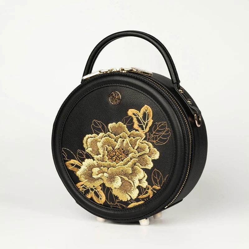 Embroidery Leather Round Handbag High Luxury Royal Gold Peony - Image 10