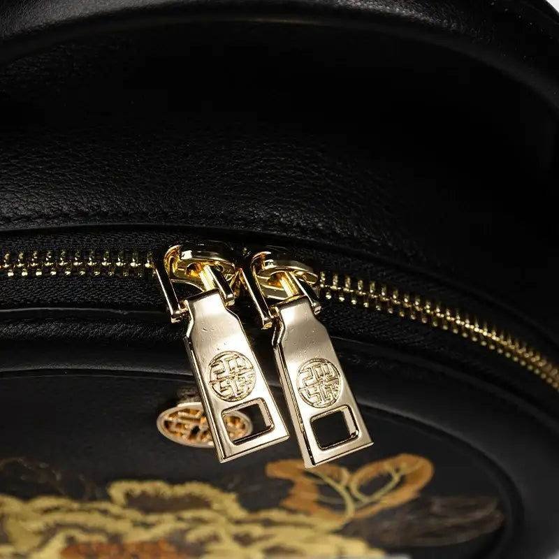 Embroidery Leather Round Handbag High Luxury Royal Gold Peony - Image 16