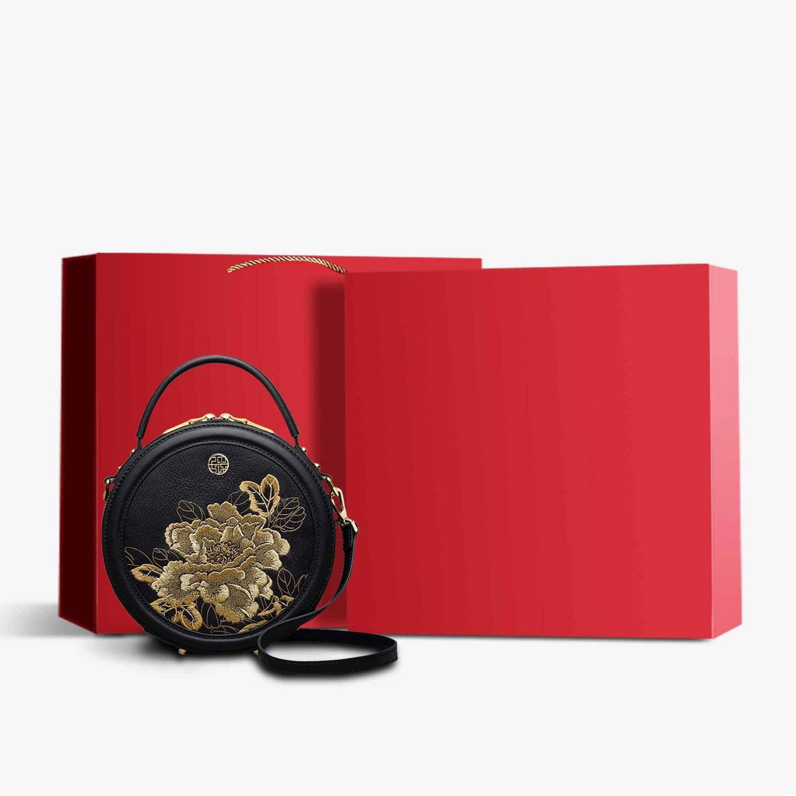 Embroidery Leather Round Handbag High Luxury Royal Gold Peony - Image 19