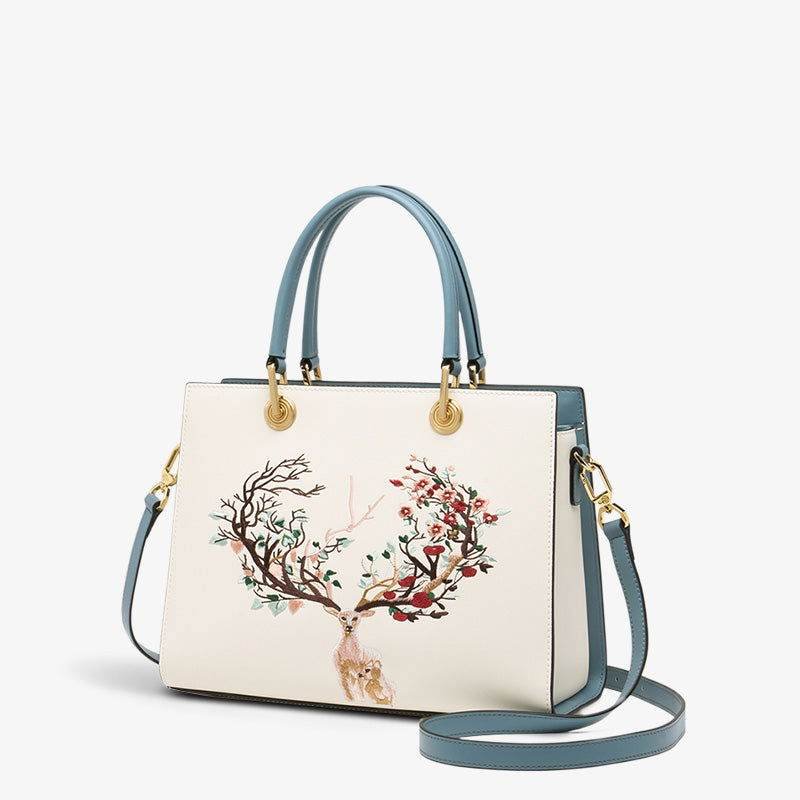 Embroidery Leather Tote Crossbody Bag Tricolor Deer - Image 6