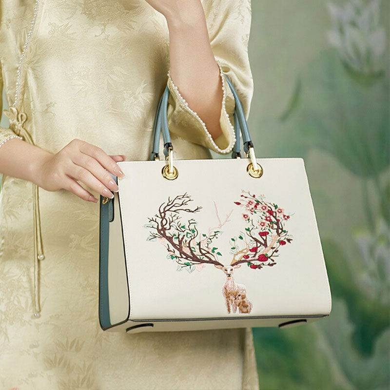 Embroidery Leather Tote Crossbody Bag Tricolor Deer - Image 2