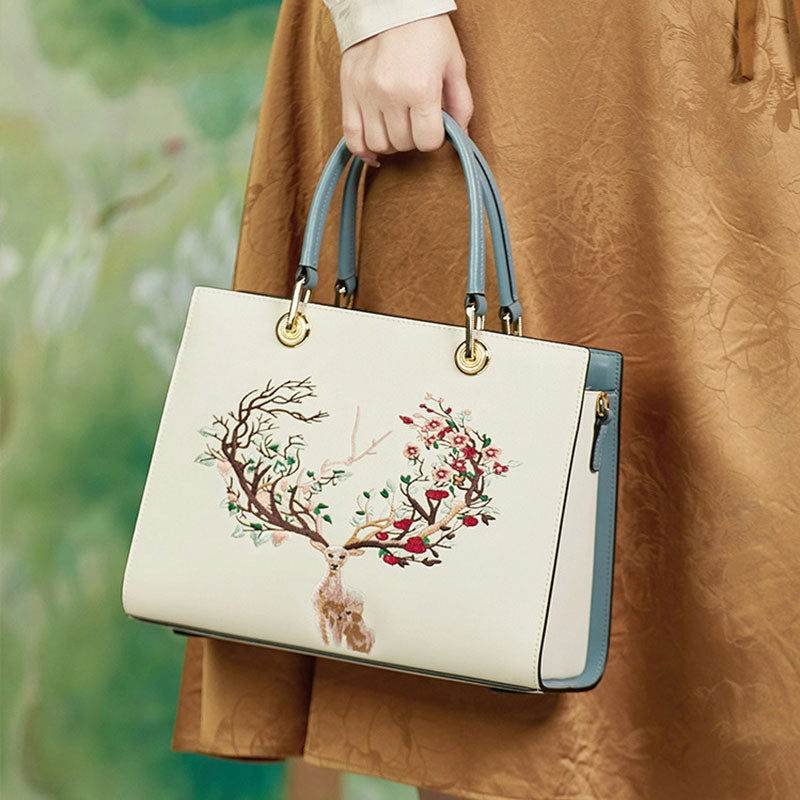 Embroidery Leather Tote Crossbody Bag Tricolor Deer - Image 4