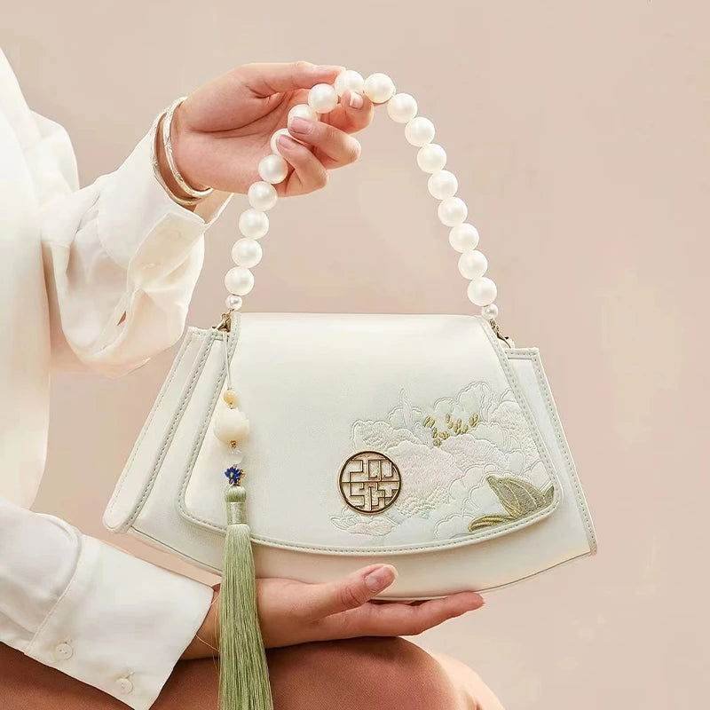 Embroidery Leather Retro White Hibiscus Handbag with Pendant - Image 3