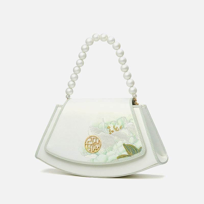Embroidery Leather Retro White Hibiscus Handbag with Pendant - Image 8