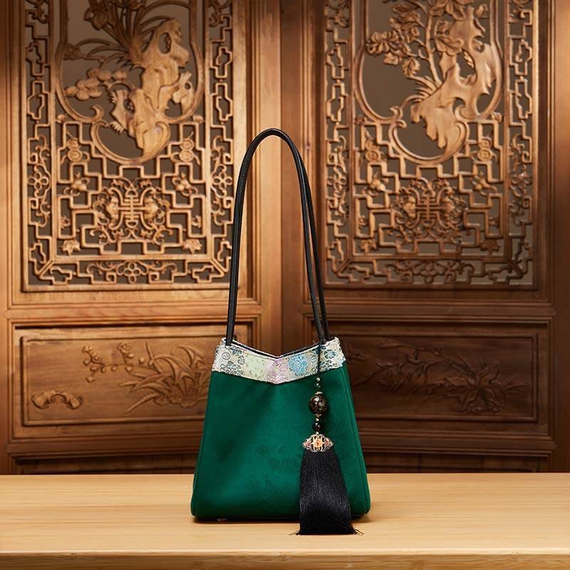 Xiangyunsha Silk Jacquard Vintage Green Bucket Bag - Image 2