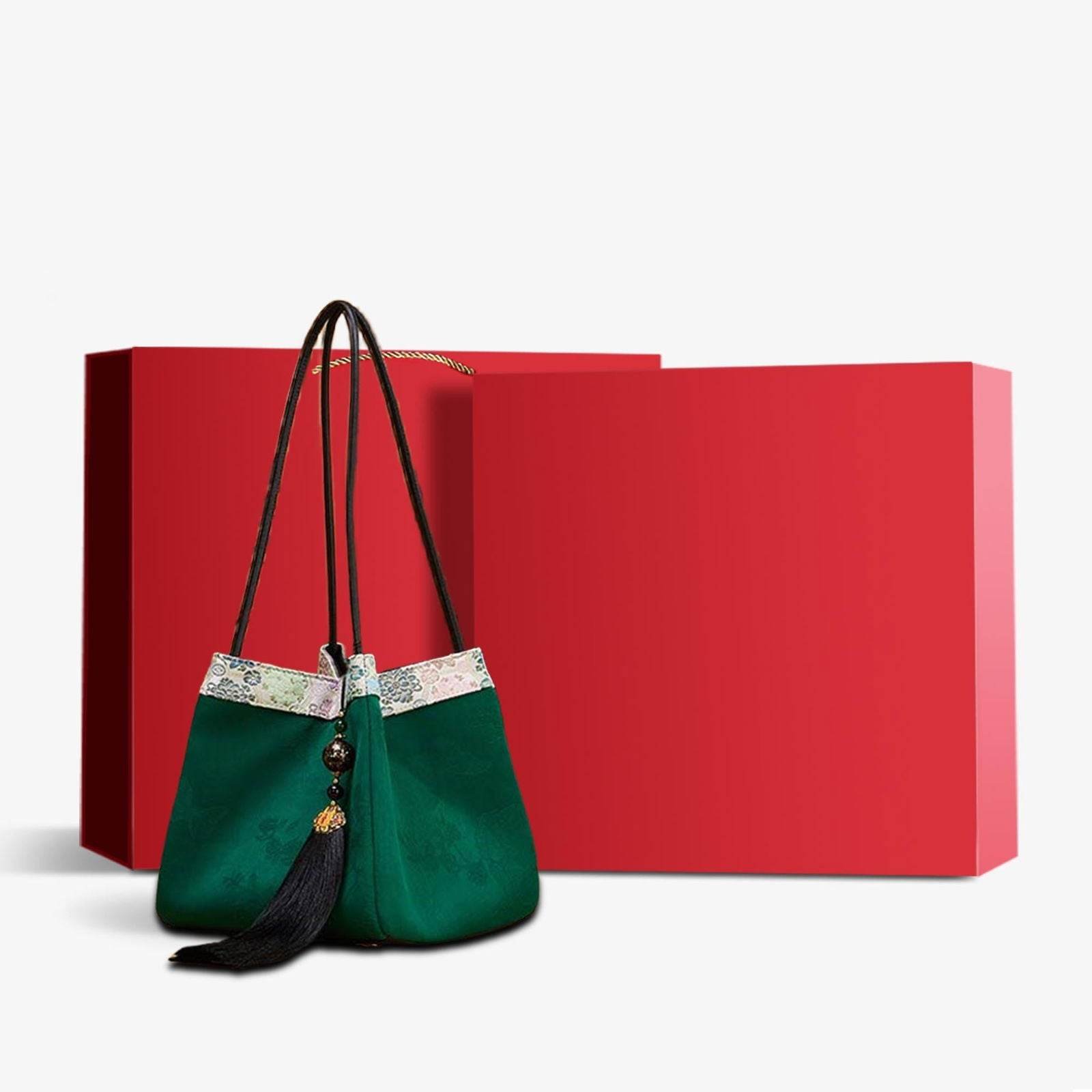 Xiangyunsha Silk Jacquard Vintage Green Bucket Bag - Image 8