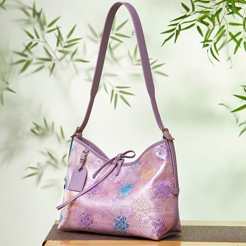Handcraft Brocade Jacquard Purple"Tuanhua”Chinoiserie Royal Tote Bag - Image 4