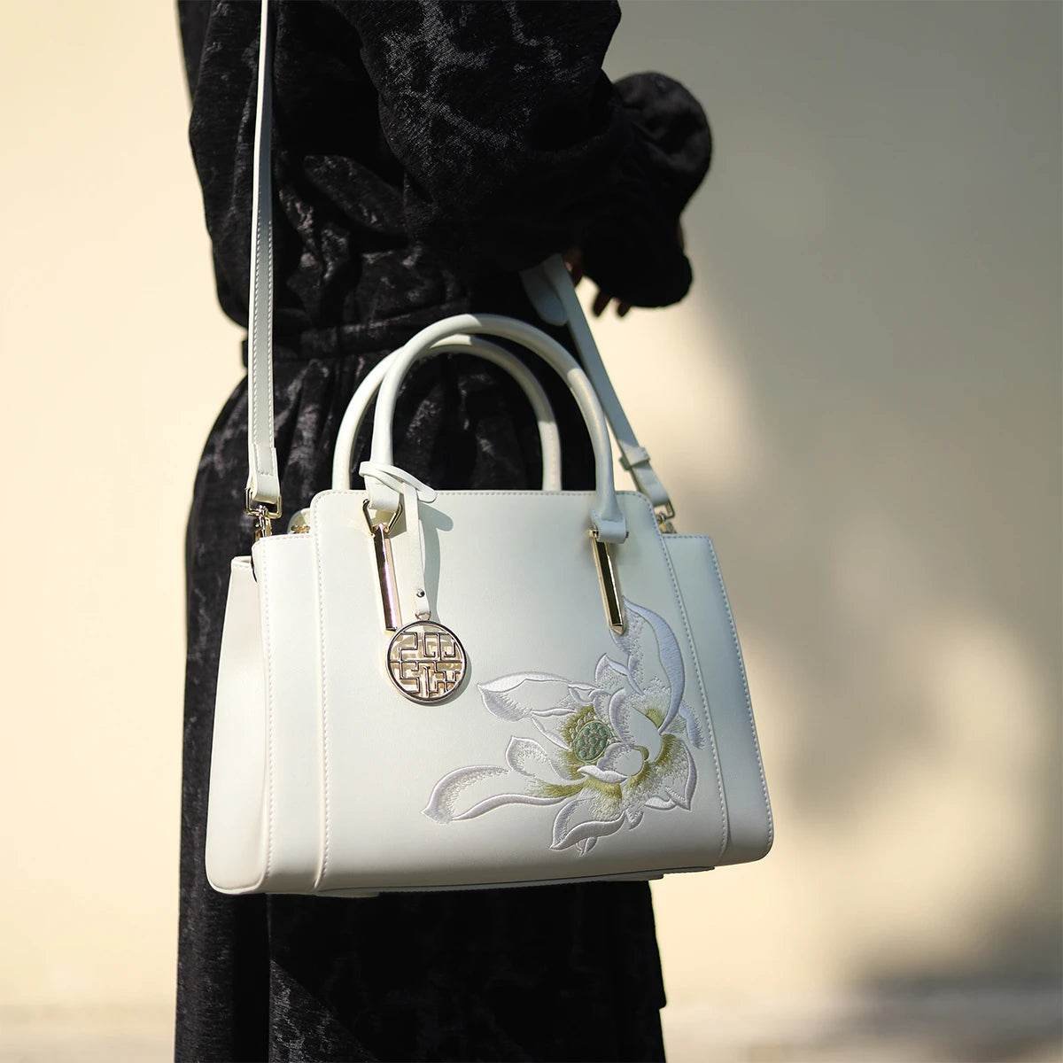 Sinocultural Embroidery Leather Tote Bag White Lotus Crossbody Bag - Image 7