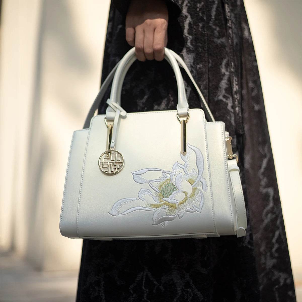 Sinocultural Embroidery Leather Tote Bag White Lotus Crossbody Bag - Image 5